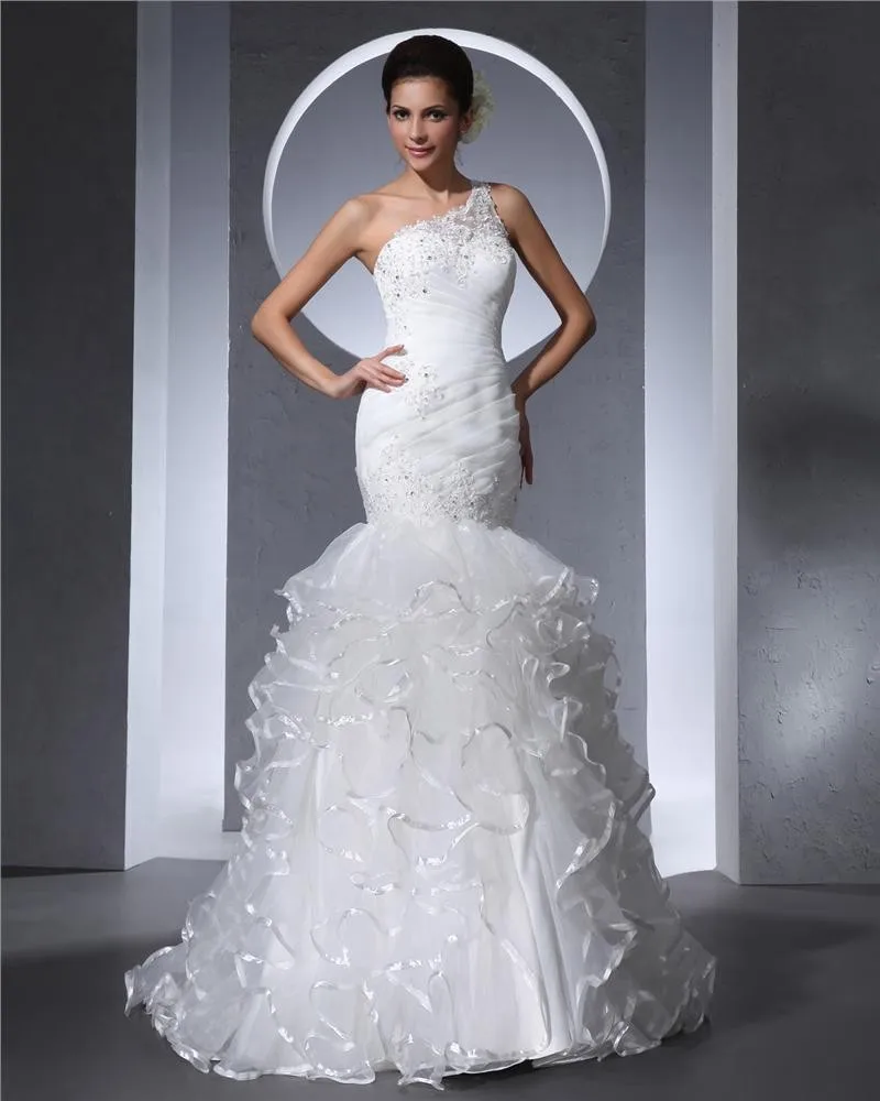 En Skulder Gulv Lengde Plissert Organza Beading Ruffles Havfrue Brudekjoler Bryllupskjoler