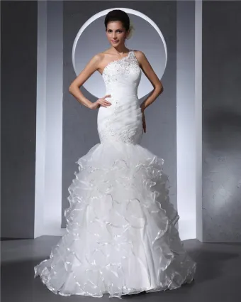 En Skulder Gulv Lengde Plissert Organza Beading Ruffles Havfrue Brudekjoler Bryllupskjoler