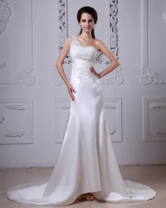 Charmeuse Applique Ruffles One Shoulder Cathedral Train Sheath Wedding Dresses