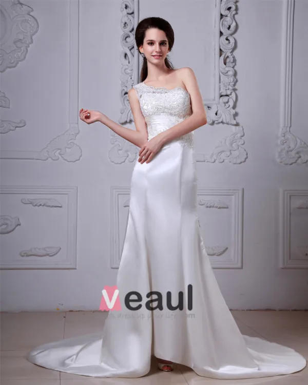 Charmeuse Applique Ruffles One Shoulder Cathedral Train Sheath Wedding Dresses