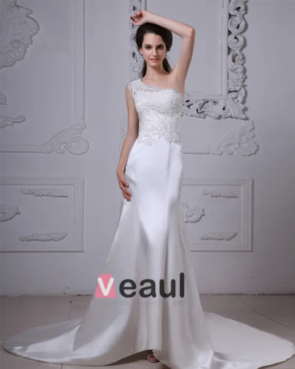 Charmeuse Applique Ruffles One Shoulder Cathedral Train Sheath Wedding Dresses
