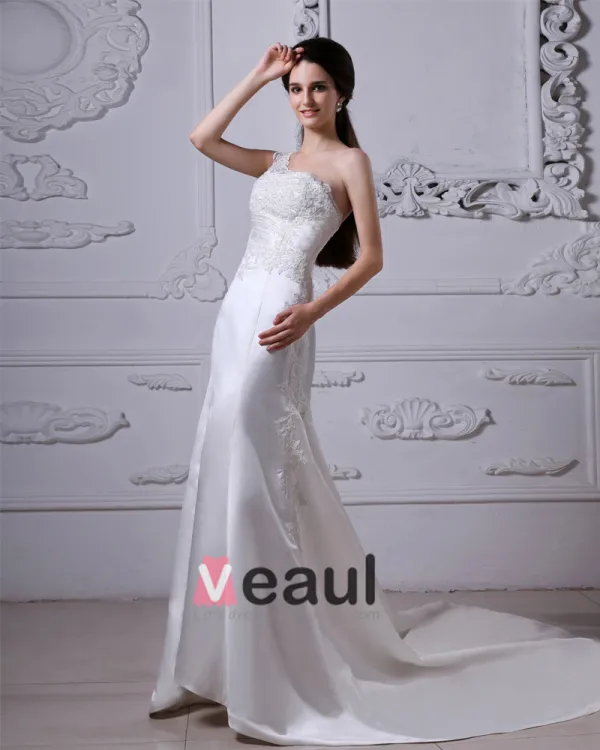 Charmeuse Applique Ruffles One Shoulder Cathedral Train Sheath Wedding Dresses