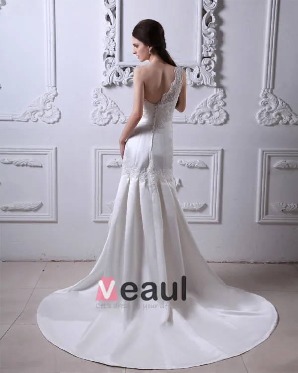 Charmeuse Applique Ruffles One Shoulder Cathedral Train Sheath Wedding Dresses