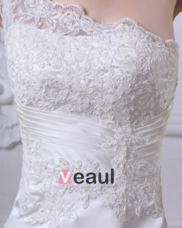 Charmeuse Applique Ruffles One Shoulder Cathedral Train Sheath Wedding Dresses