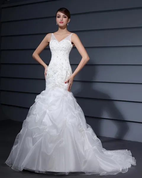 Yarn Ruffles V Neck Court Mermaid Bridal Gown Wedding Dress