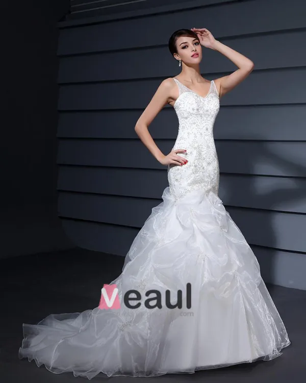 Fils Volants V Neck Tribunal Sirène Robe De Mariée De Mariage De Robe