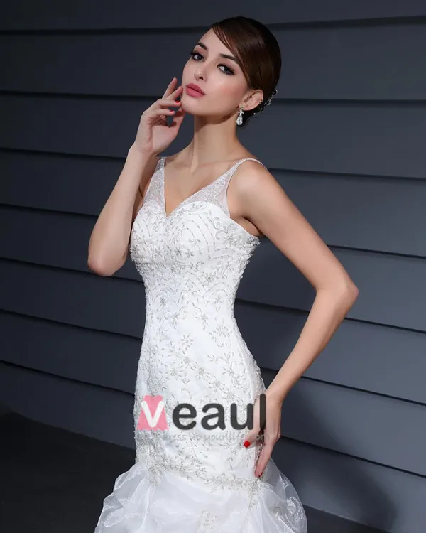 Fils Volants V Neck Tribunal Sirène Robe De Mariée De Mariage De Robe