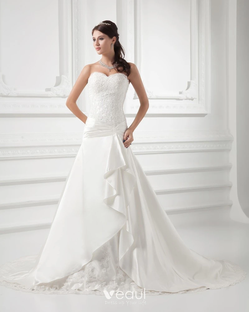 A-line Sweetheart Strapless Court Train Satin Wedding Dress With
