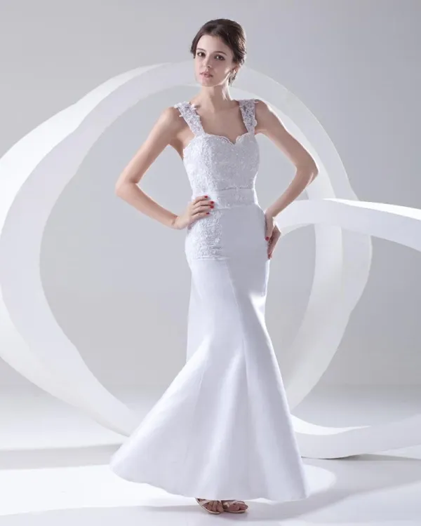 Shoulder Straps Sleeveless Single Breasted Applique Belt Bowknot Floor Length Lace Satin Woman Mermaid Wedding Dress