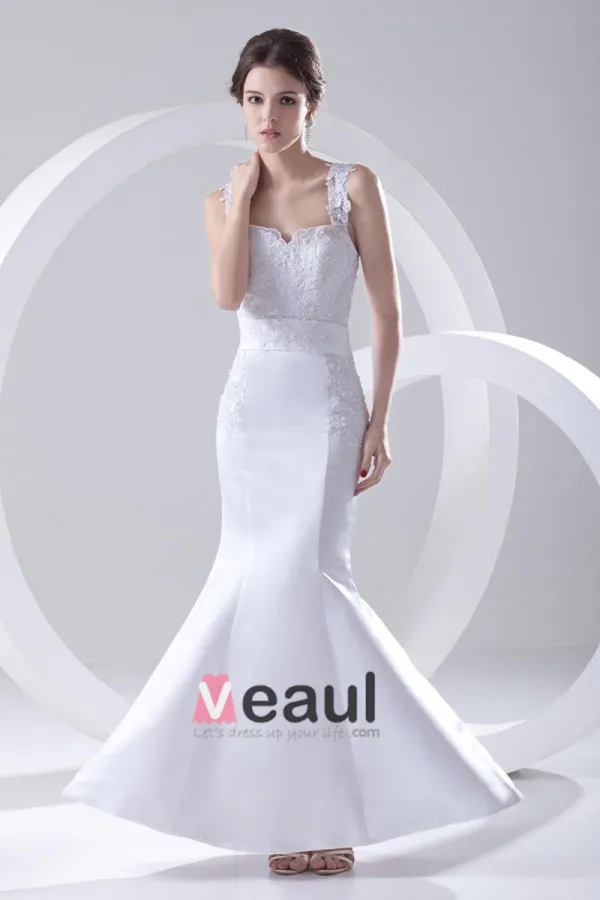 Shoulder Straps Sleeveless Single Breasted Applique Belt Bowknot Floor Length Lace Satin Woman Mermaid Wedding Dress