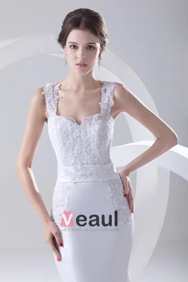 Shoulder Straps Sleeveless Single Breasted Applique Belt Bowknot Floor Length Lace Satin Woman Mermaid Wedding Dress