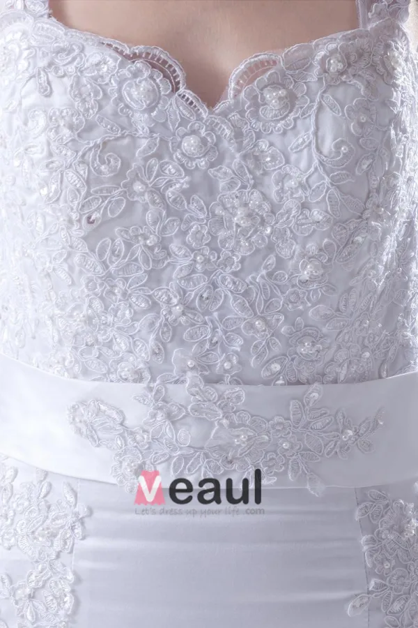Shoulder Straps Sleeveless Single Breasted Applique Belt Bowknot Floor Length Lace Satin Woman Mermaid Wedding Dress