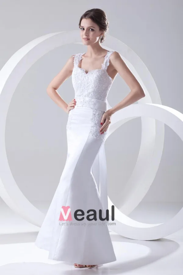 Shoulder Straps Sleeveless Single Breasted Applique Belt Bowknot Floor Length Lace Satin Woman Mermaid Wedding Dress