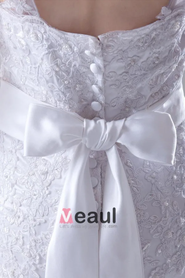 Shoulder Straps Sleeveless Single Breasted Applique Belt Bowknot Floor Length Lace Satin Woman Mermaid Wedding Dress