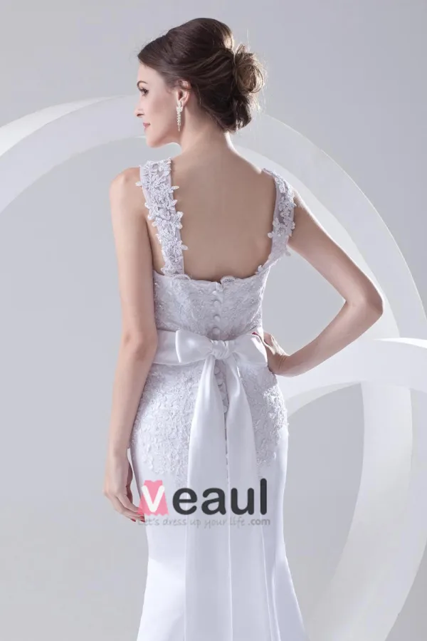 Shoulder Straps Sleeveless Single Breasted Applique Belt Bowknot Floor Length Lace Satin Woman Mermaid Wedding Dress