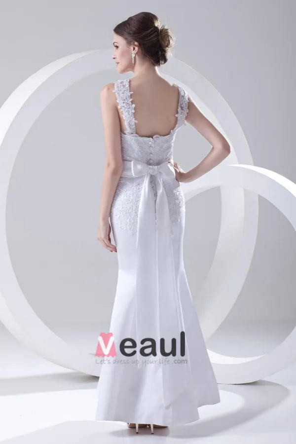 Shoulder Straps Sleeveless Single Breasted Applique Belt Bowknot Floor Length Lace Satin Woman Mermaid Wedding Dress