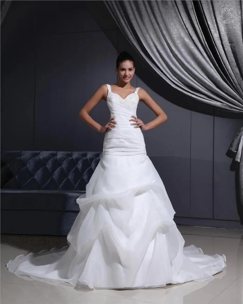 Skulderstropper Plissert Beading Organza Kapell Tog Havfrue Brudekjoler Bryllupskjoler