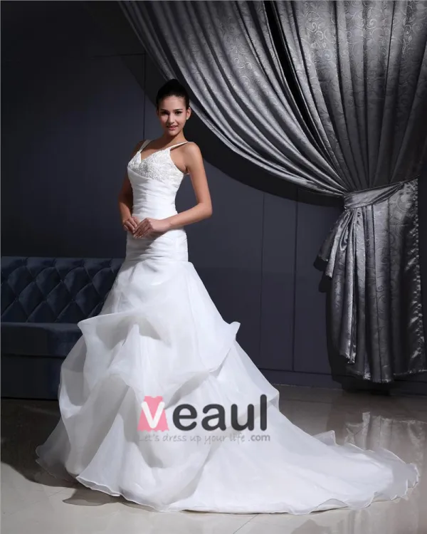 Shoulder Straps Pleated Beading Organza Chapel Train Mermaid Wedding Dress