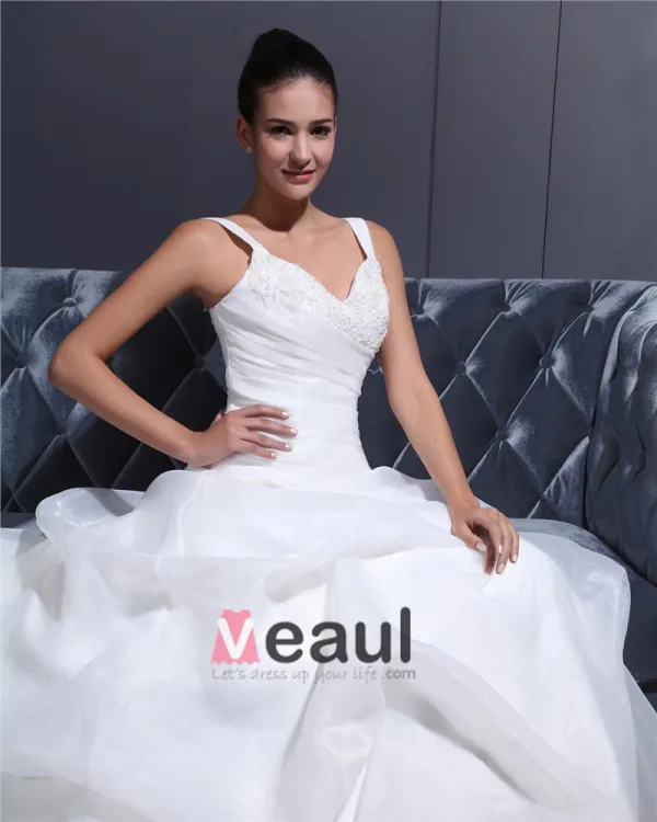 Shoulder Straps Pleated Beading Organza Chapel Train Mermaid Wedding Dress