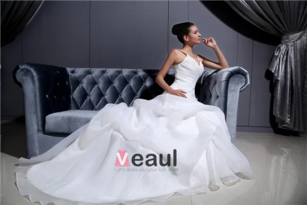 Shoulder Straps Pleated Beading Organza Chapel Train Mermaid Wedding Dress