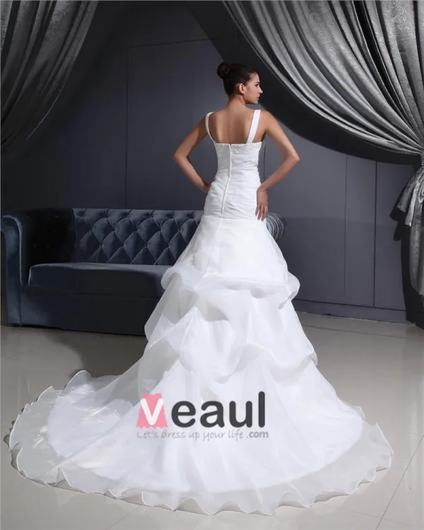 Shoulder Straps Pleated Beading Organza Chapel Train Mermaid Wedding Dress