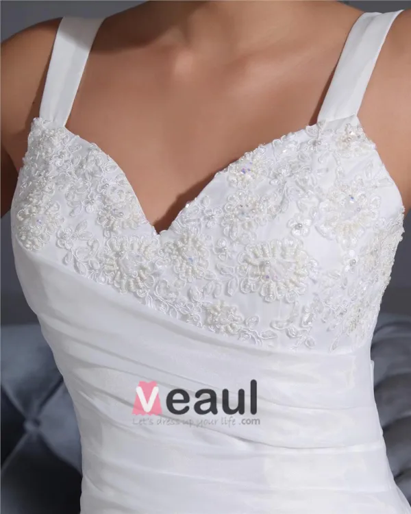 Shoulder Straps Pleated Beading Organza Chapel Train Mermaid Wedding Dress