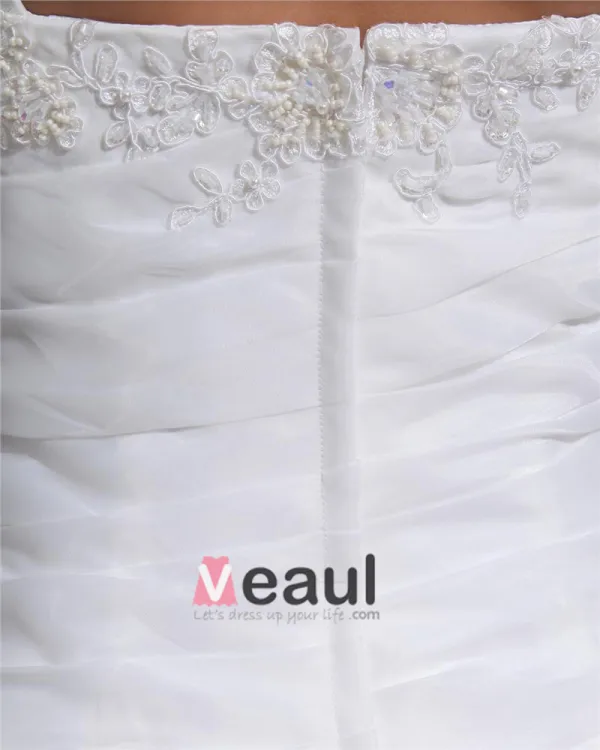 Shoulder Straps Pleated Beading Organza Chapel Train Mermaid Wedding Dress