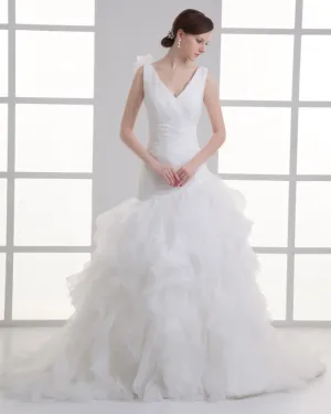 Organza Flower V Neck Court Train Tiered Wedding Dress