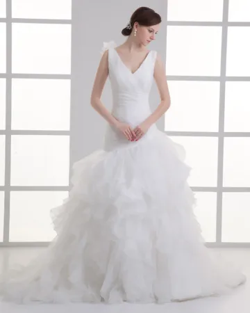 Fleur D Organza V Train De Cour De Cou Gradins De Robe De Mariée