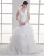 Organza Flower V Neck Court Train Tiered Wedding Dress