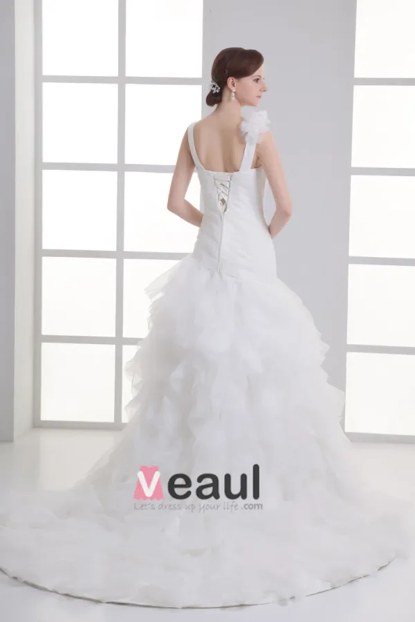Organza Flower V Neck Court Train Tiered Wedding Dress