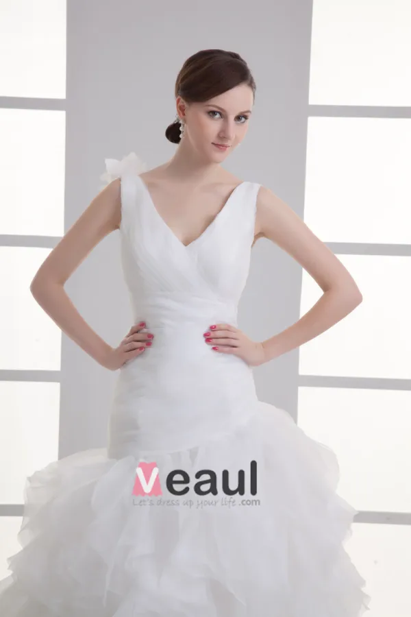 Organza Flower V Neck Court Train Tiered Wedding Dress