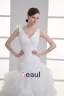 Organza Flower V Neck Court Train Tiered Wedding Dress