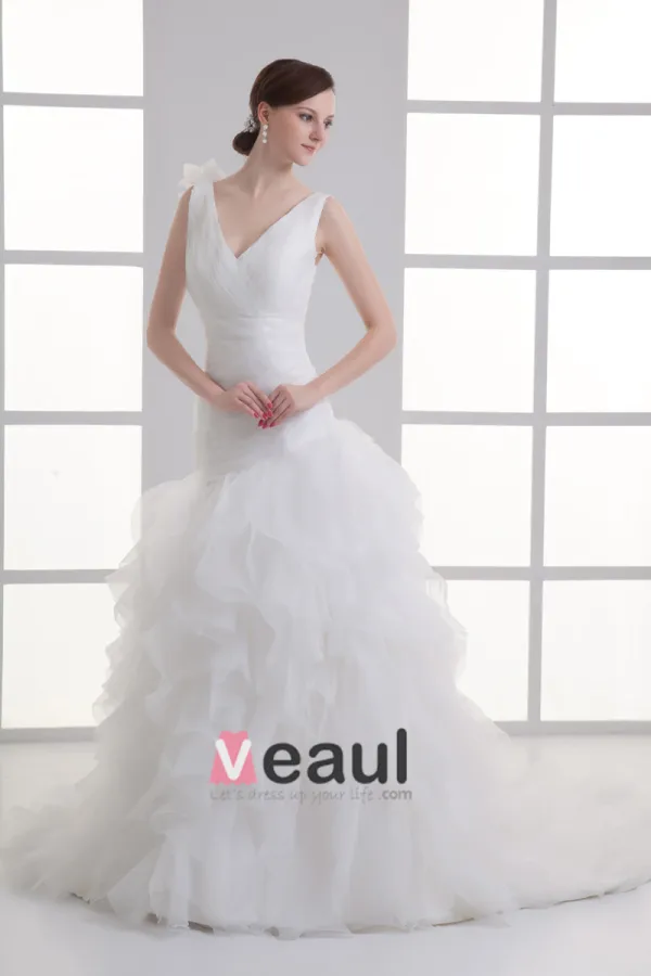 Organza Flower V Neck Court Train Tiered Wedding Dress