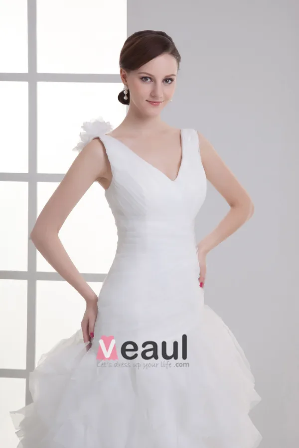 Organza Flower V Neck Court Train Tiered Wedding Dress