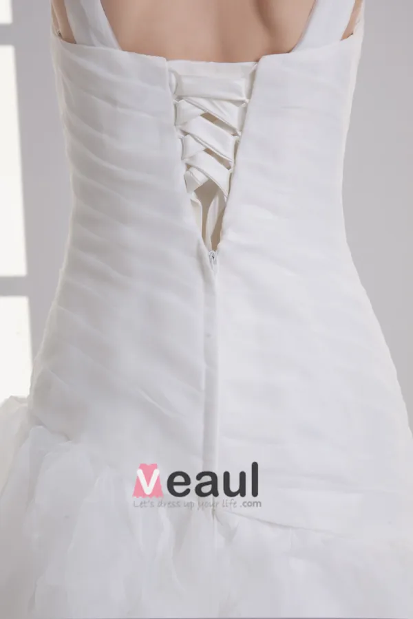 Organza Flower V Neck Court Train Tiered Wedding Dress