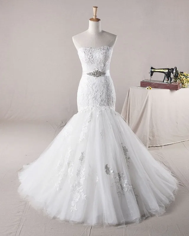 Fahsion Beading Applikasjon Kjaereste Tyll Havfrue Brudekjoler Bryllupskjoler