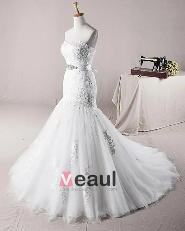 Fahsion Beading Applique Sweetheart Tulle Mermaid Wedding Dress