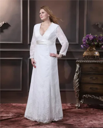 Lace Ruffle V Neck Plus Size Bridal Gown Wedding Dress