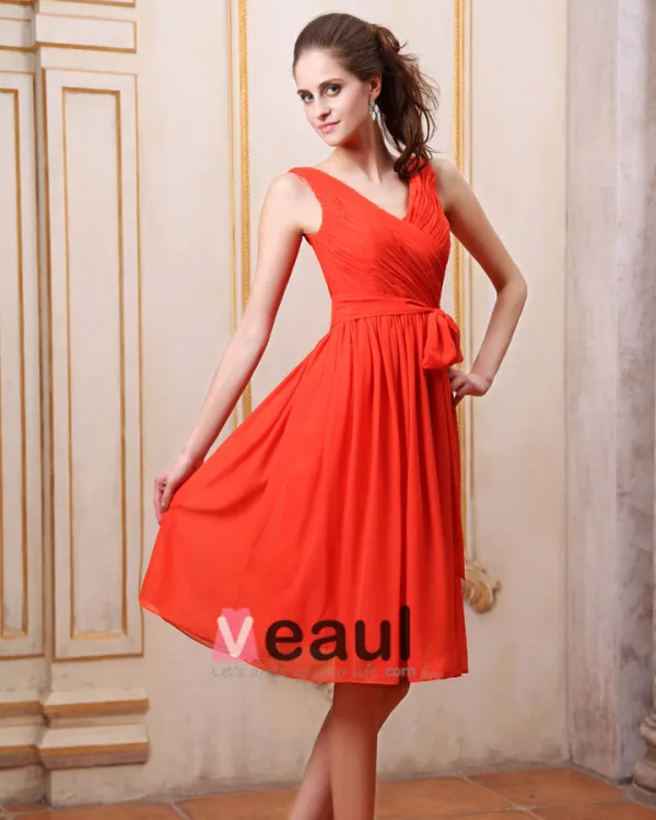 Chiffon V Neck Sleeveless Bowtie Sash Knee Length Bridesmaid Dresses