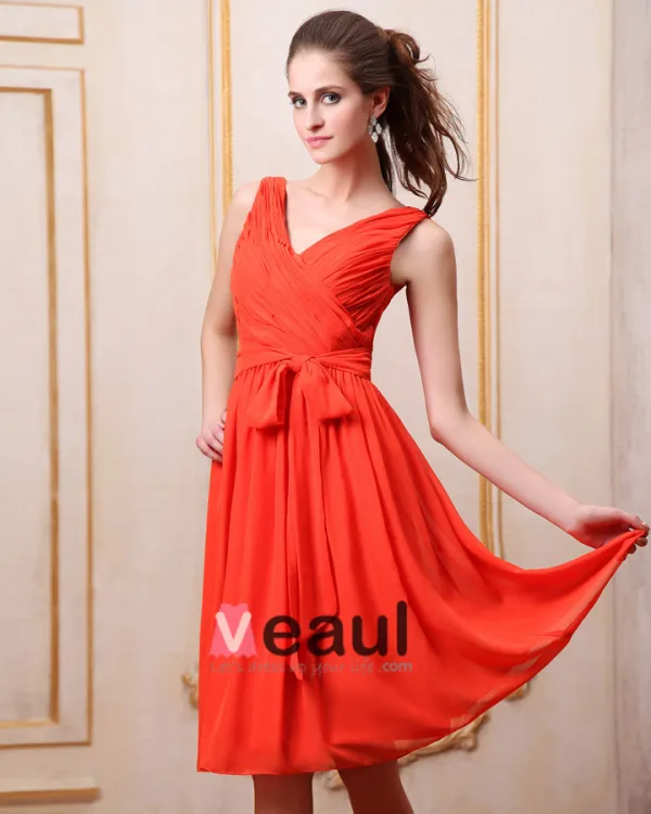 Chiffon V Neck Sleeveless Bowtie Sash Knee Length Bridesmaid Dresses