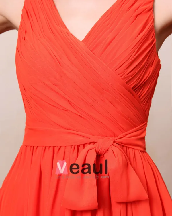 Chiffon V Neck Sleeveless Bowtie Sash Knee Length Bridesmaid Dresses