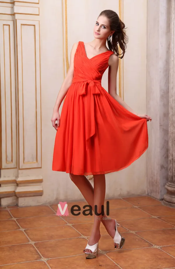 Chiffon V Neck Sleeveless Bowtie Sash Knee Length Bridesmaid Dresses