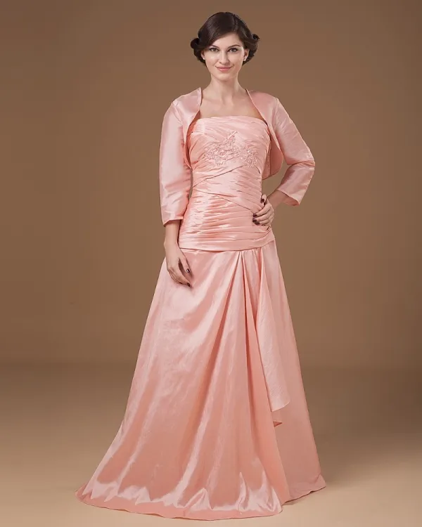 Taffeta Applikasjon Plisserte Stropplose Ankel Lengde Modre Av Bruden Gjester Kjoler