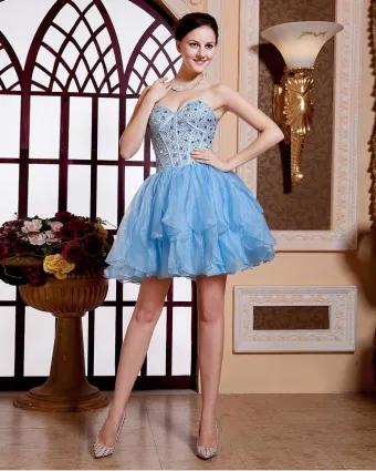Organza Sweetheart Ruffle Beaded Thigh Length Celebrity Cocktail Dresses