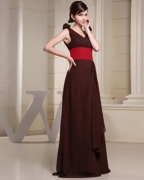 Chiffon Charmeuse Silke Plissert V Halsen Ermelos Gulv Lengde Brudepikekjoler