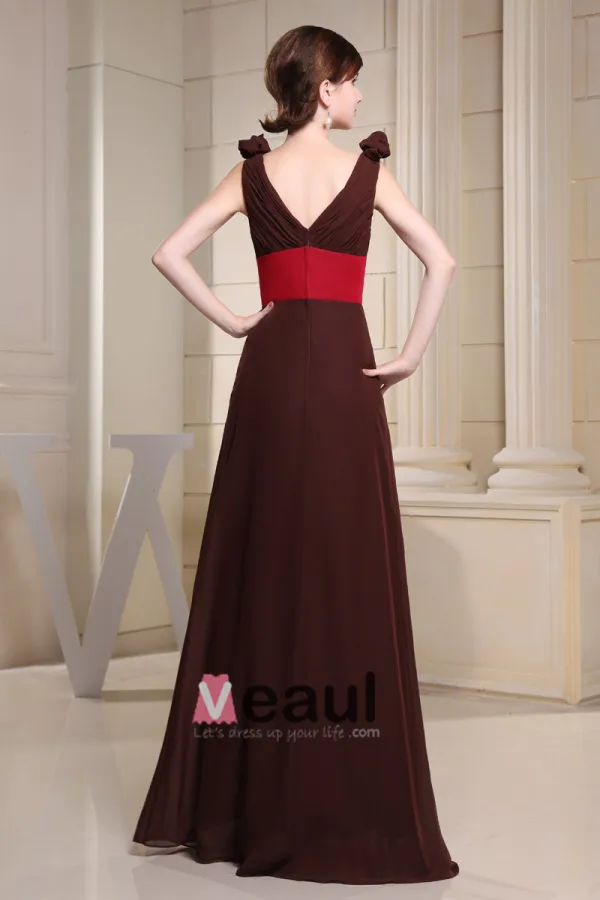 Chiffon Charmeuse Silk Pleated V Neck Sleeveless Floor Length Bridesmaid Dress