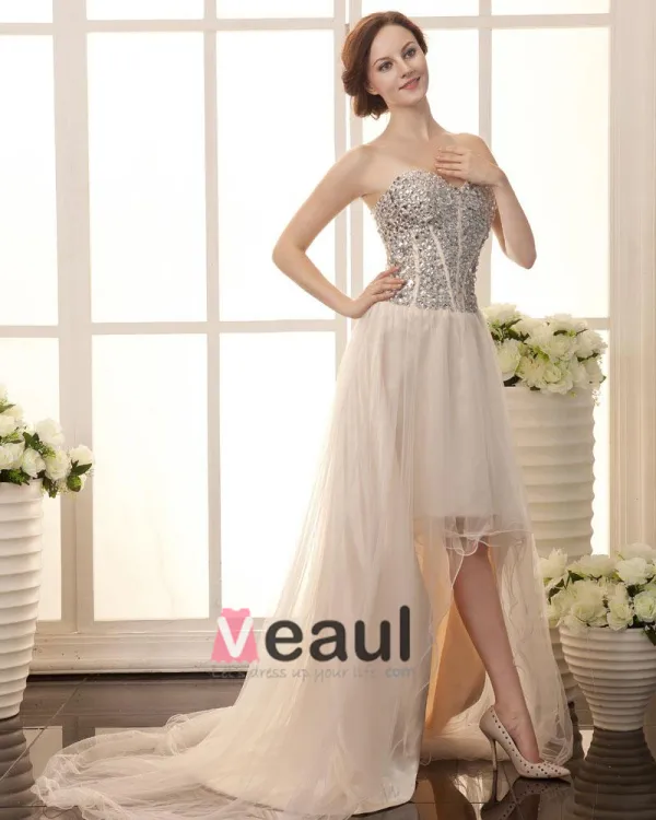 Beading Kjaereste Halsen Dip Hem Blonder Opp Tilbake Grenadine Satin Women Cocktail Festkjoler
