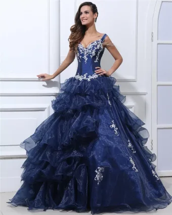 Ball Gown Organza Taffeta Ruffle Beading Applique V Neck Floor Length Quinceanera Prom Dresses