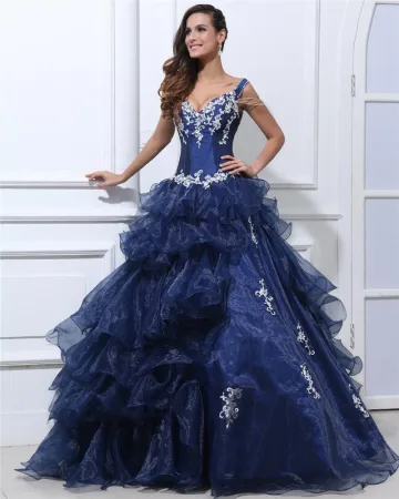 Ball Gown Organza Taffeta Ruffle Beading Applique V Neck Floor Length Quinceanera Prom Dresses